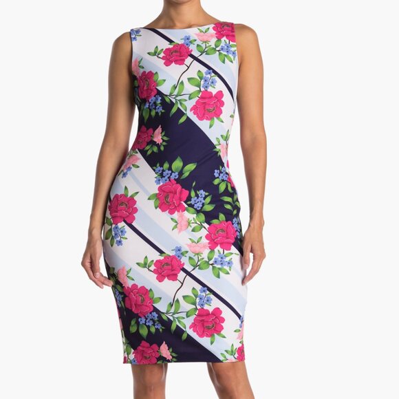 VINCE CAMUTO | NWT Floral Print Fitted Sheath Dress, Navy/White/Pink, Size 14 - Picture 1 of 9